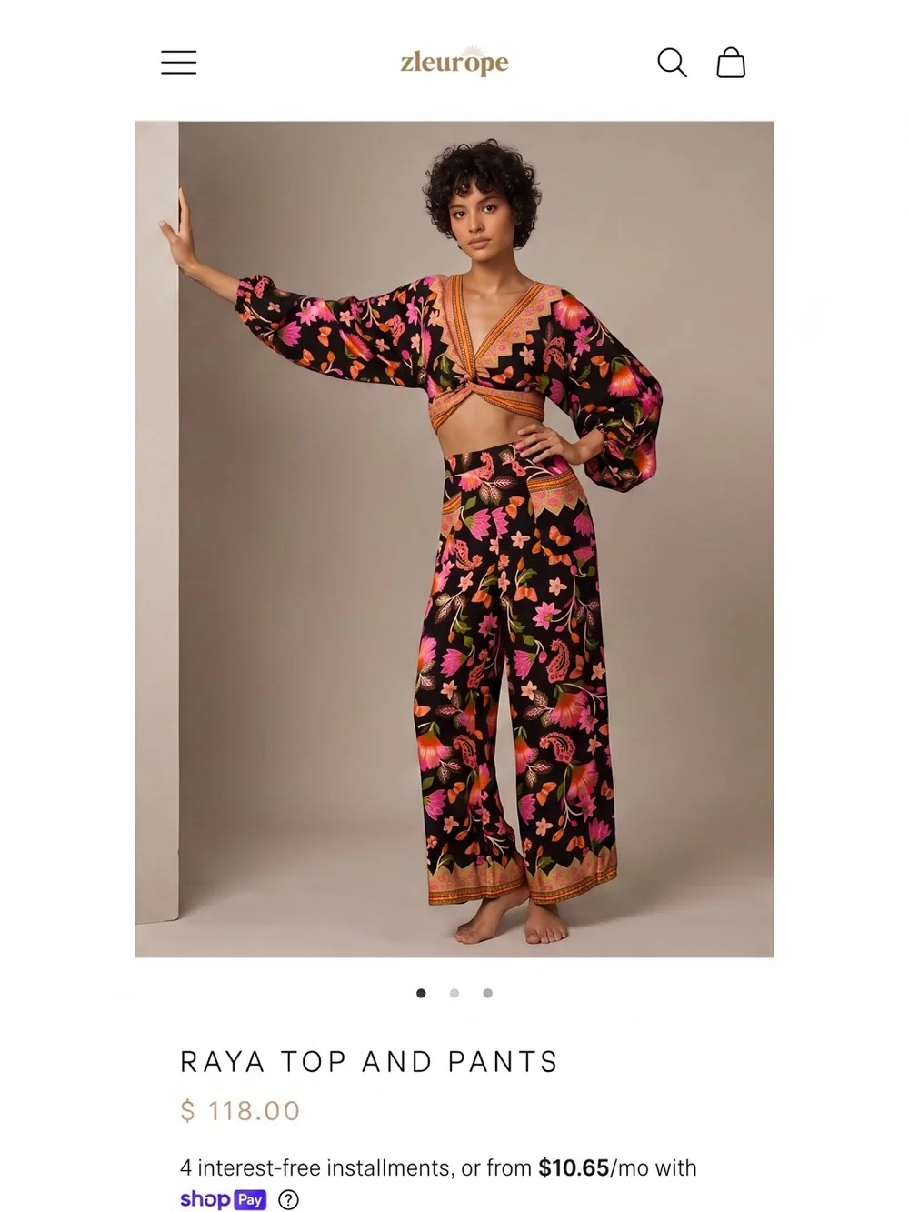 Z&L Europe Raya Viscose Floral Wide-Leg Pants & Crop Long Sleeve Top SET NWT